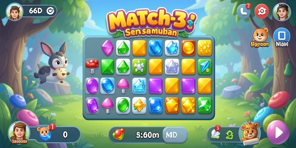 Tampilan gameplay Match-3 yang seru dan penuh warna.