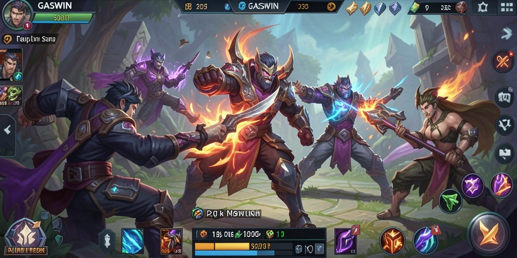 Screenshot GASWIN menampilkan aksi seru antar pahlawan dalam pertempuran MOBA.
