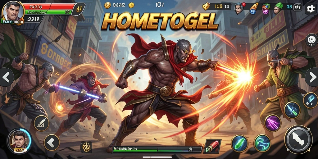 Tampilan aksi seru di HOMETOGEL dengan karakter unik dan arena bertarung yang menantang.