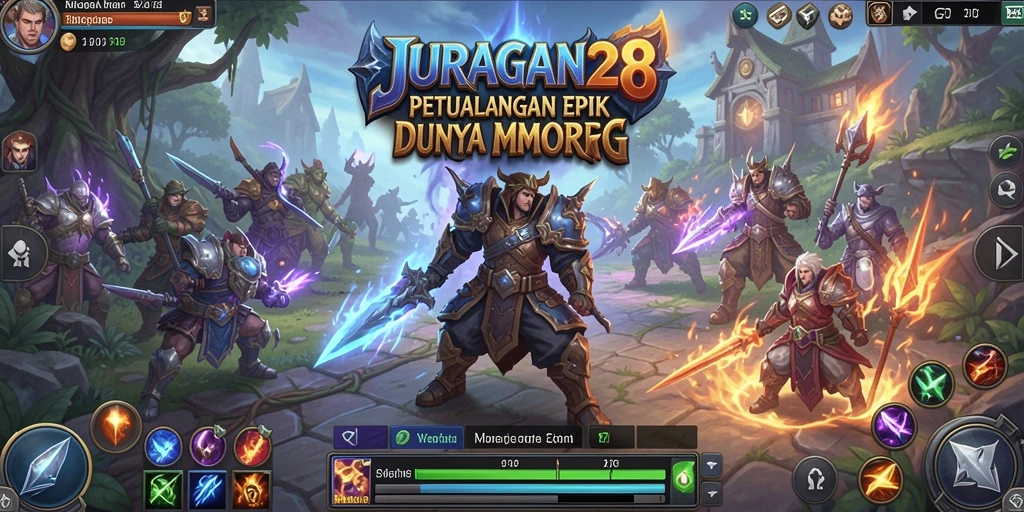 Tangkapan layar utama JURAGAN28 menampilkan petualangan dan pertarungan epik.