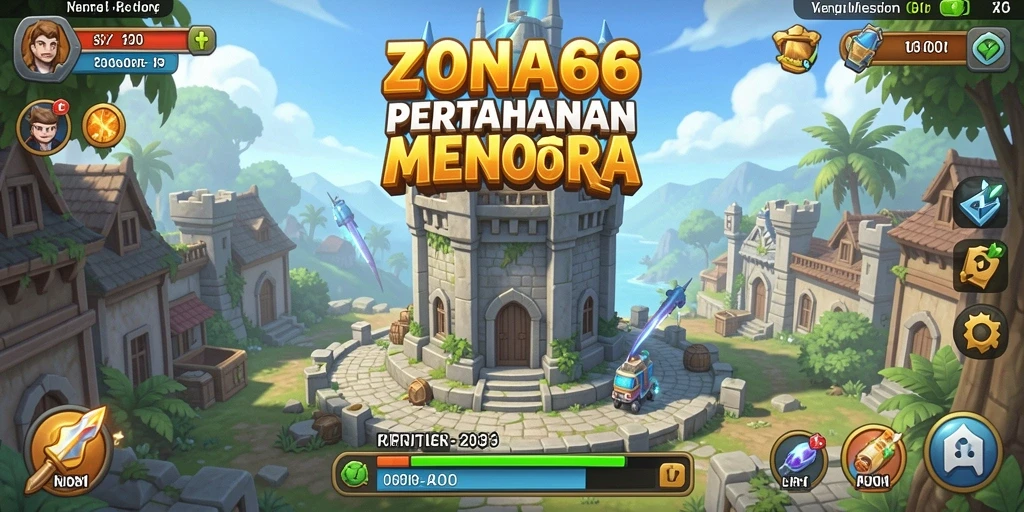 Tampilan gameplay menunjukkan serangan menara melawan gelombang musuh.